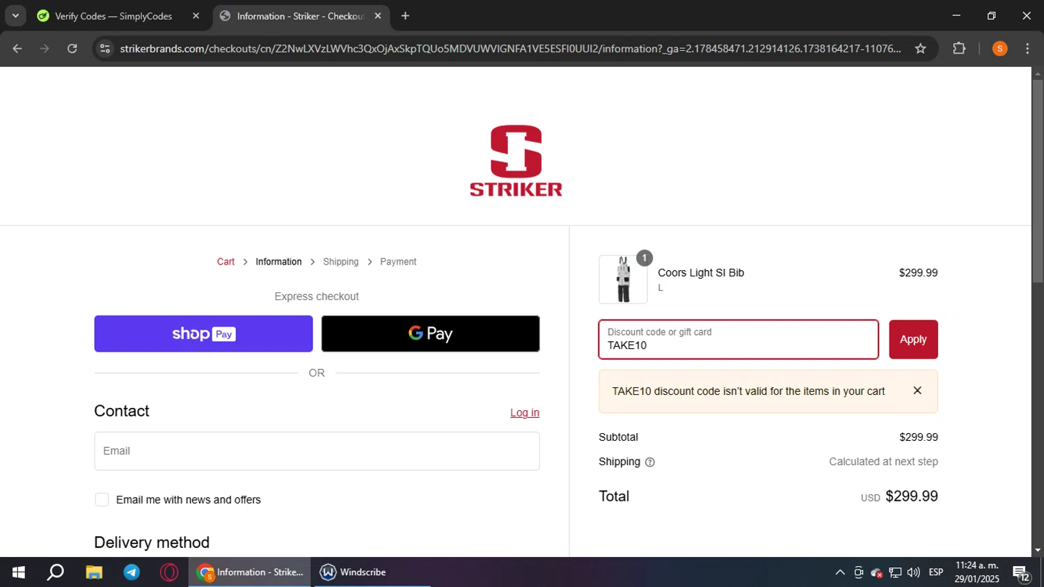Striker Brands discount code screenshot showing code TAKE10 applied at Striker Brands checkout page. Uploaded by SimplyCodes community member StevenZarraga on Jan 29, 2025