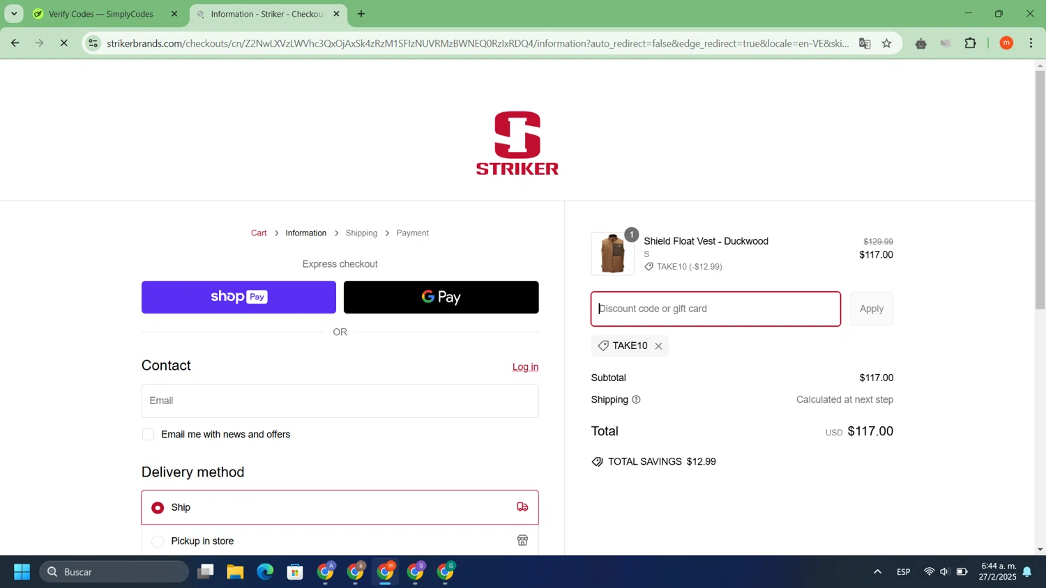 Striker Brands discount code screenshot showing code TAKE10 applied at Striker Brands checkout page. Uploaded by SimplyCodes community member WonderSaver3331 on Feb 27, 2025