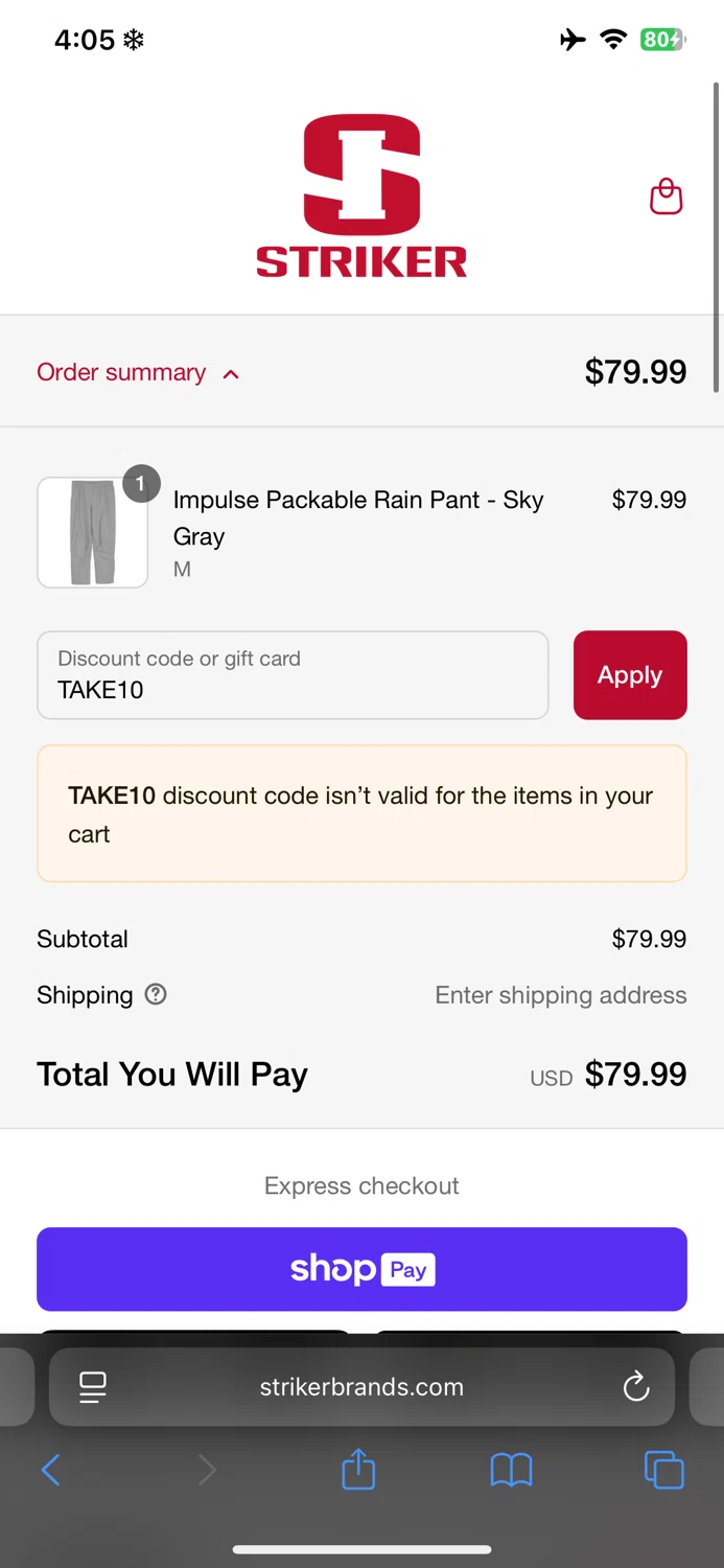 Striker Brands discount code screenshot showing code TAKE10 applied at Striker Brands checkout page. Uploaded by SimplyCodes community member naimbethak on Jul 27, 2025