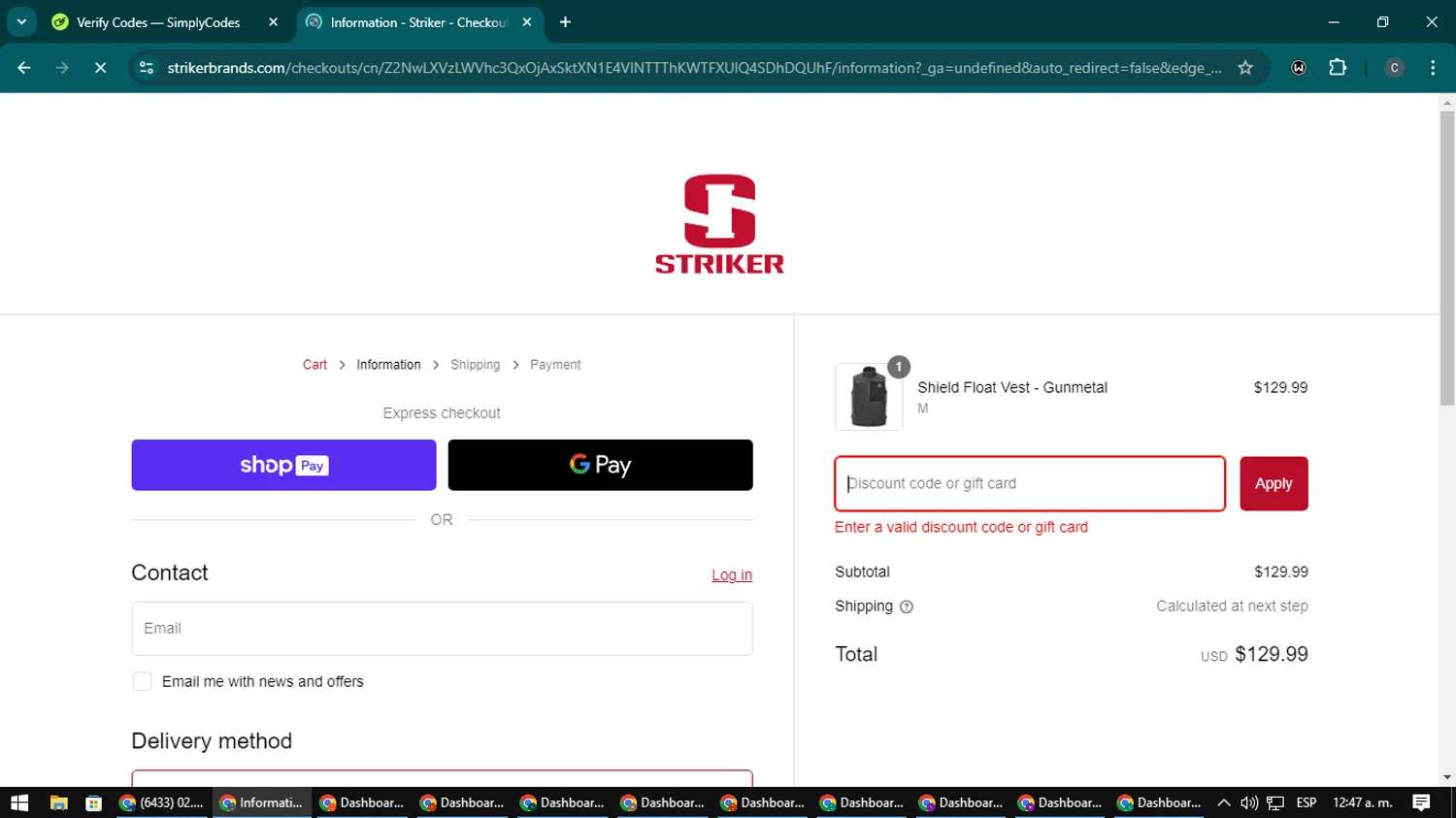 Striker Brands discount code screenshot showing code WIFA2024 applied at Striker Brands checkout page. Uploaded by SimplyCodes community member Nata_Montana on Feb 12, 2025