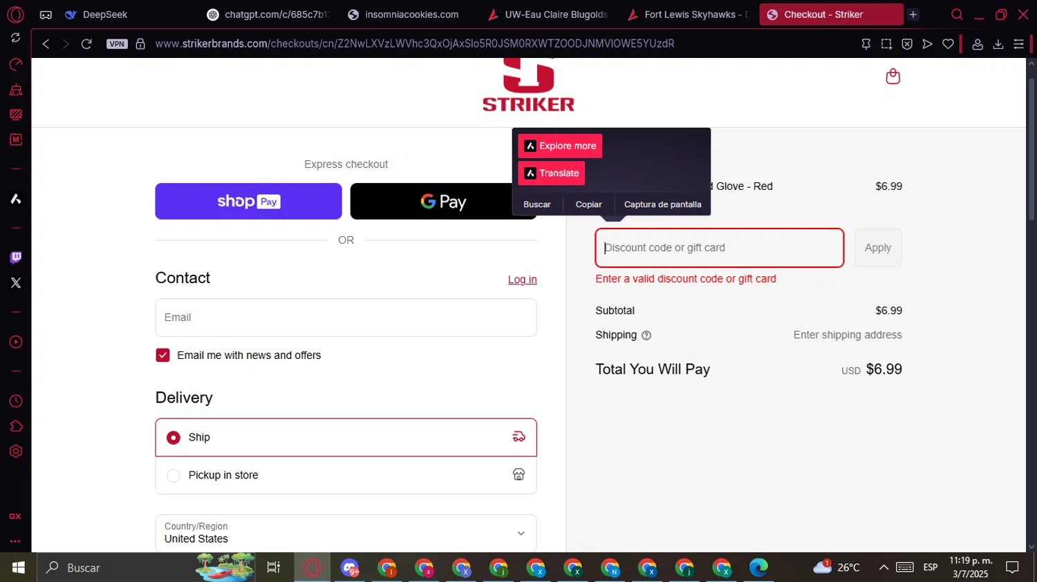 Striker Brands discount code screenshot showing code TR-RLOS40 applied at Striker Brands checkout page. Uploaded by SimplyCodes community member CouponAce3224 on Jul 4, 2025