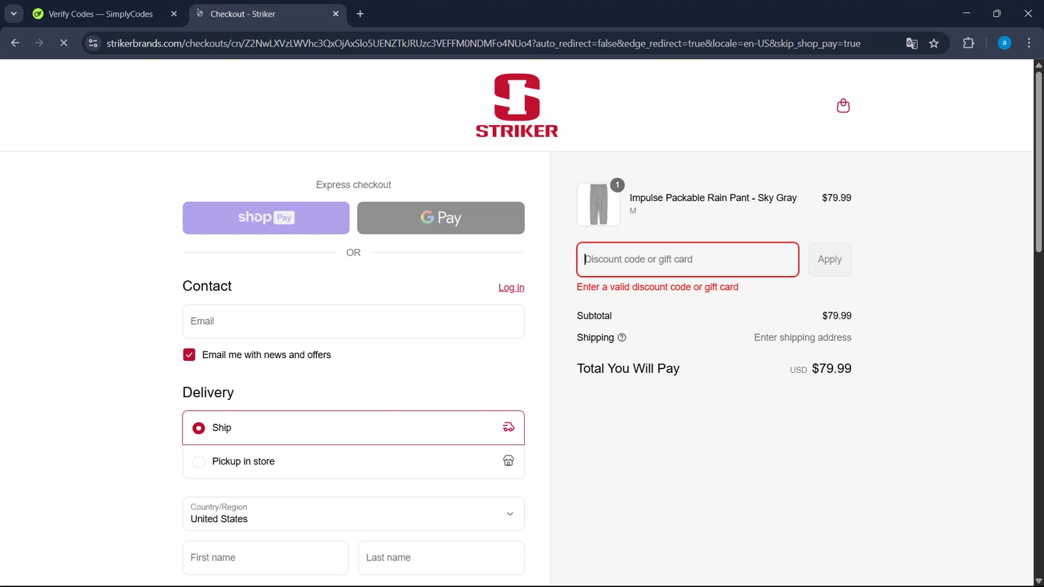 Striker Brands discount code screenshot showing code TR-RLOS40 applied at Striker Brands checkout page. Uploaded by SimplyCodes community member WiseHawk9255 on Jul 4, 2025
