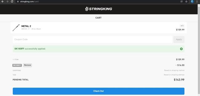 StringKing checkout page showing StringKing coupon code box | Screenshot taken by SimplyCodes community member on Dec 28, 2021