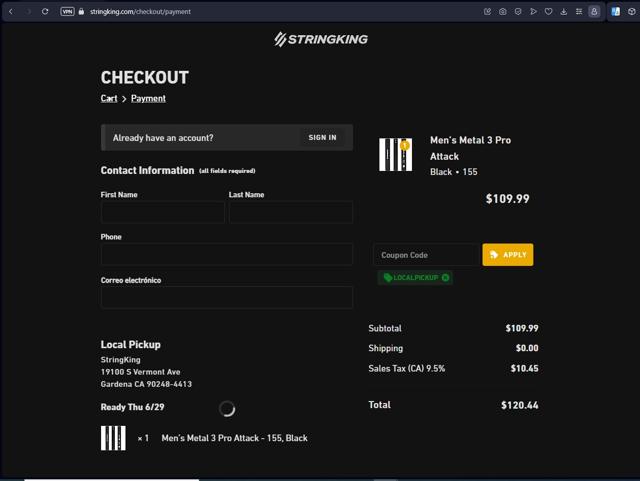 StringKing checkout page showing StringKing coupon code box | Screenshot taken by SimplyCodes community member on Jun 29, 2023