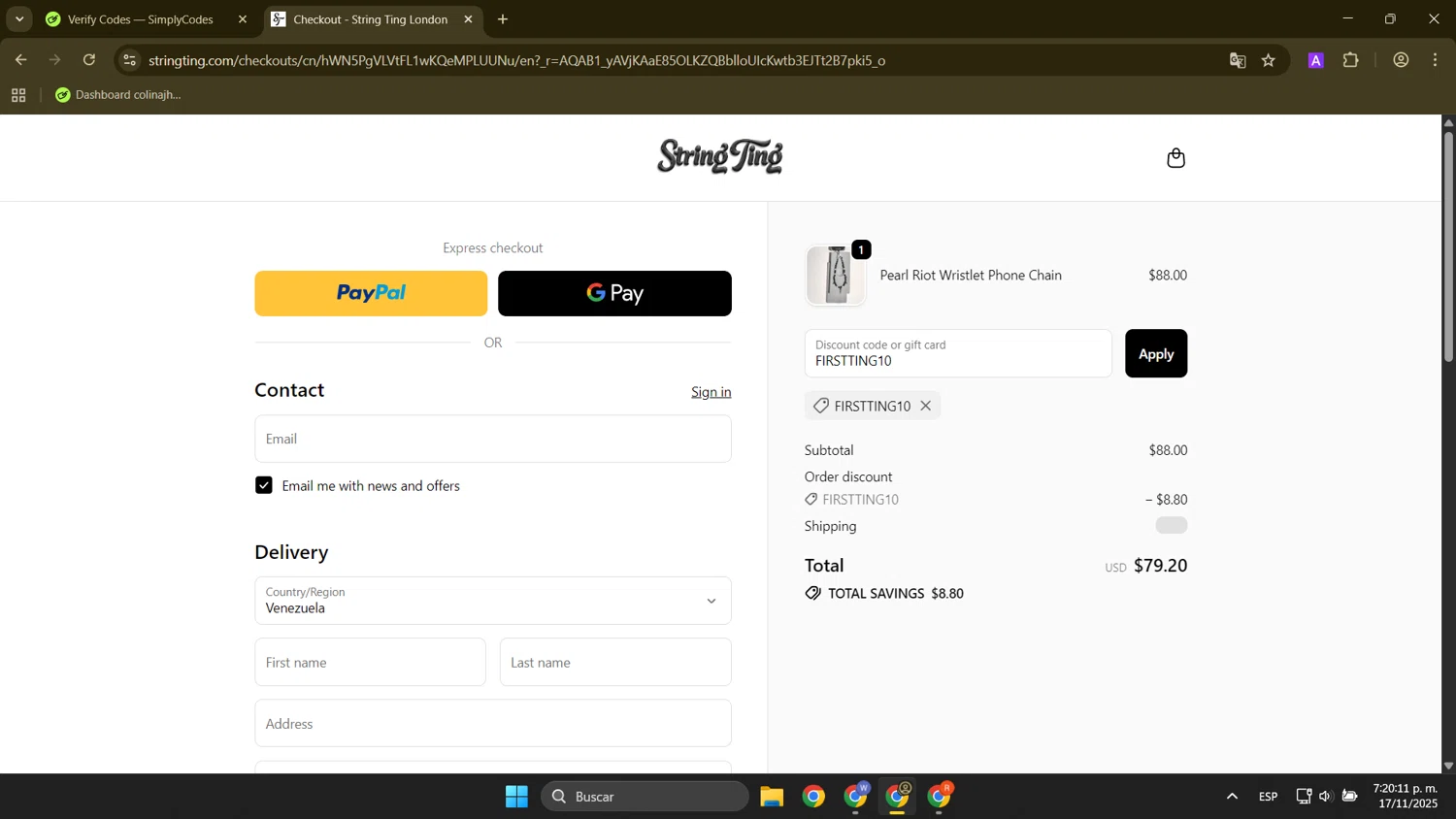 String Ting promo code screenshot showing code FIRSTTING10 applied at String Ting checkout page. Uploaded by SimplyCodes community member FortunateElite9977 on Nov 17, 2025