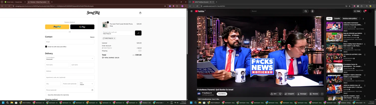 String Ting promo code screenshot showing code FIRSTTING10 applied at String Ting checkout page. Uploaded by SimplyCodes community member PennyWizard1195 on Nov 17, 2025