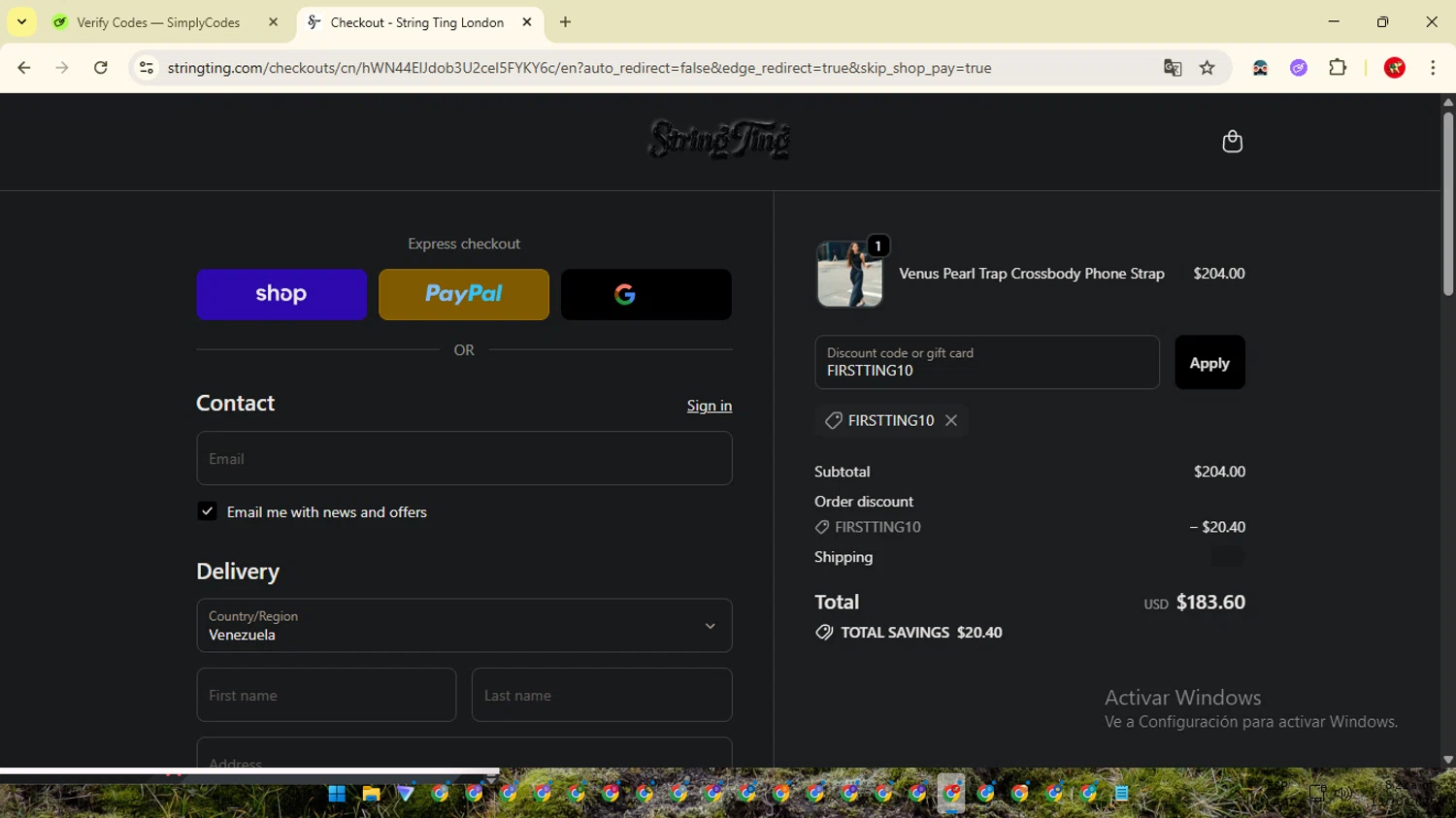 String Ting promo code screenshot showing code FIRSTTING10 applied at String Ting checkout page. Uploaded by SimplyCodes community member ShrewdCaptain2457 on Oct 13, 2025