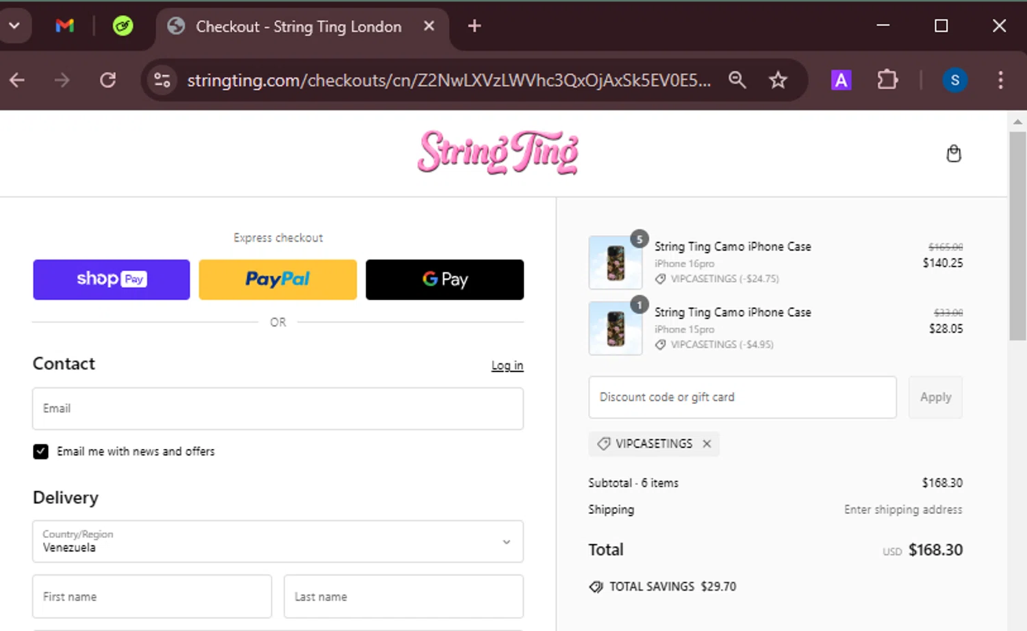 String Ting promo code screenshot showing code VIPCASETINGS applied at String Ting checkout page. Uploaded by SimplyCodes community member BrandoJose1 on Mar 3, 2025