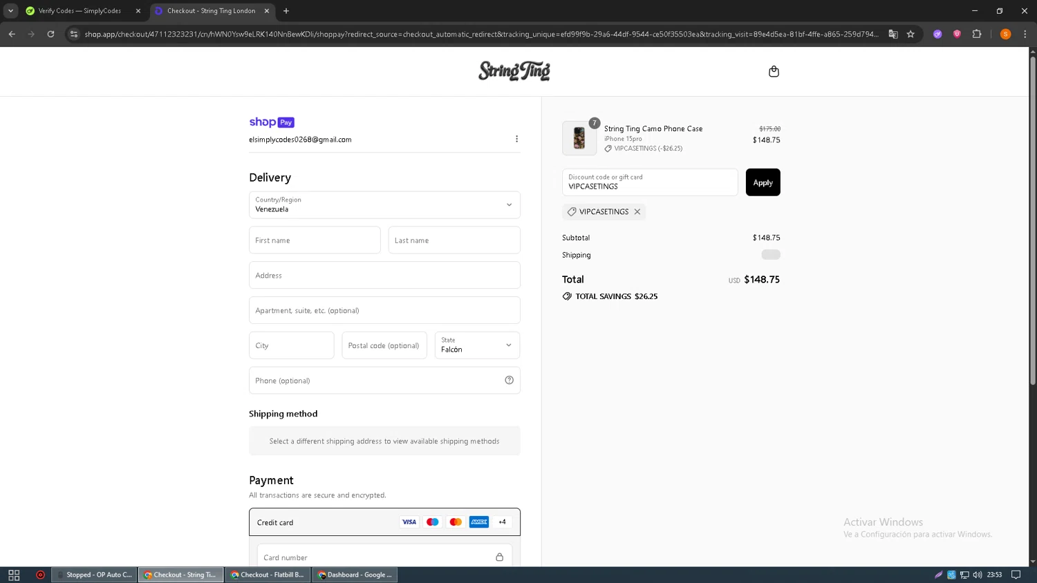 String Ting promo code screenshot showing code VIPCASETINGS applied at String Ting checkout page. Uploaded by SimplyCodes community member MangoFC on Jul 13, 2025