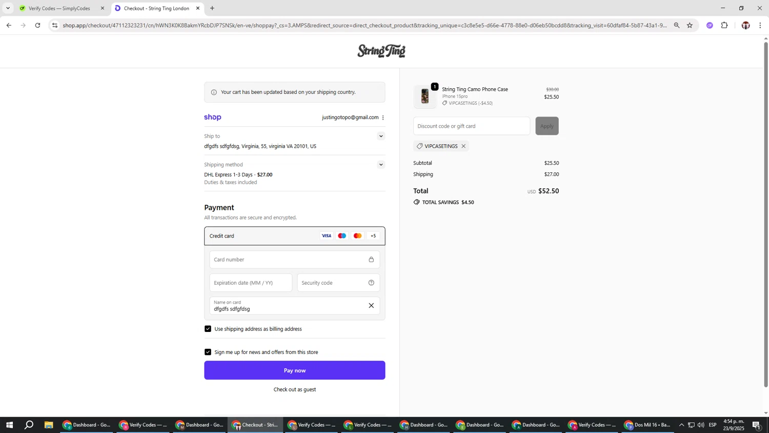 String Ting promo code screenshot showing code VIPCASETINGS applied at String Ting checkout page. Uploaded by SimplyCodes community member Salometta on Sep 23, 2025