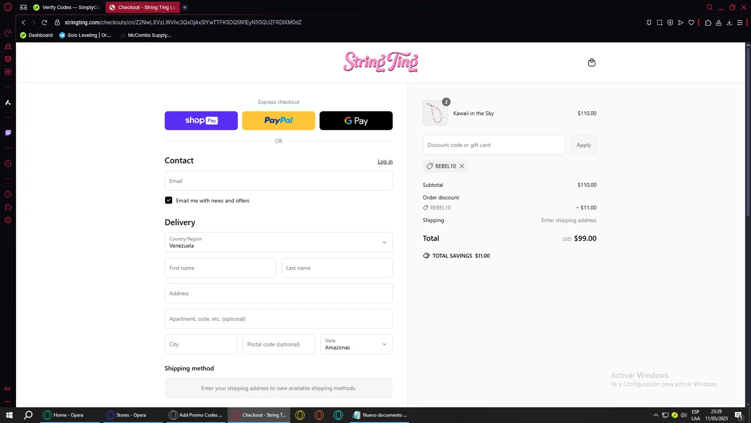 String Ting promo code screenshot showing code REBEL10 applied at String Ting checkout page. Uploaded by SimplyCodes community member BANKAI on May 11, 2025
