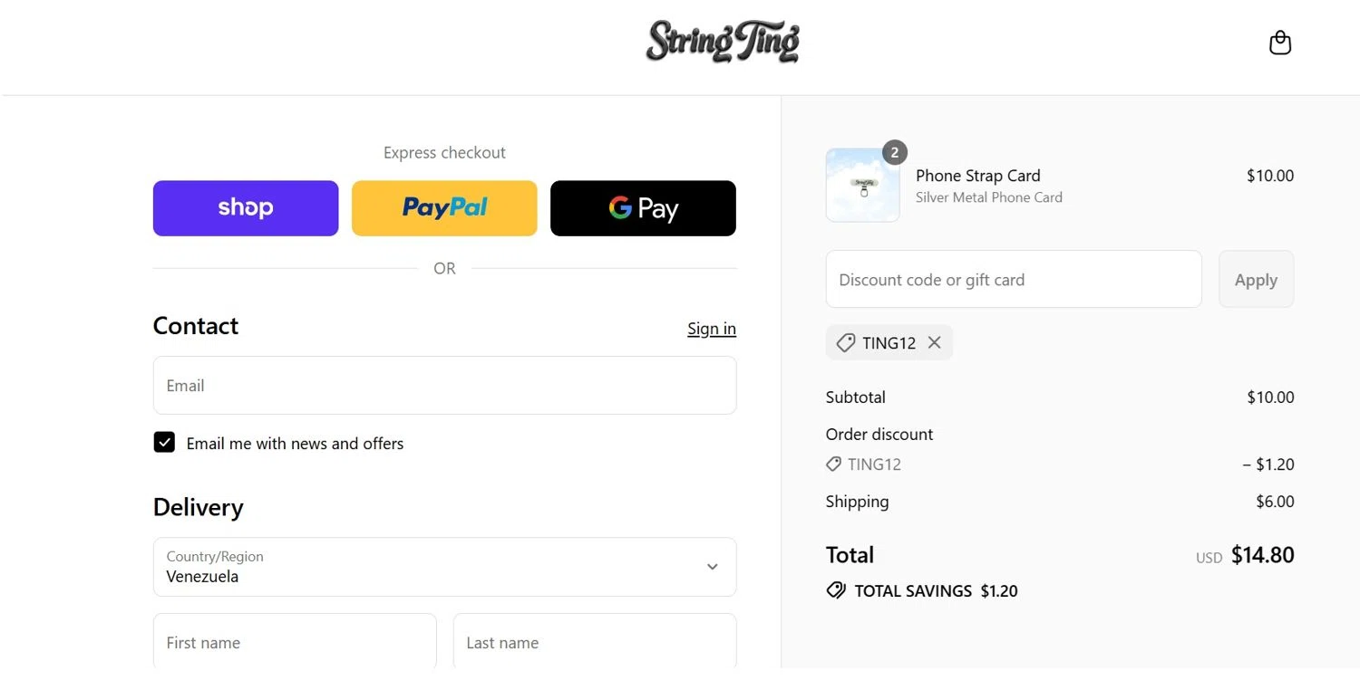 String Ting promo code screenshot showing code TING12 applied at String Ting checkout page. Uploaded by SimplyCodes community member criah256752 on Sep 16, 2025