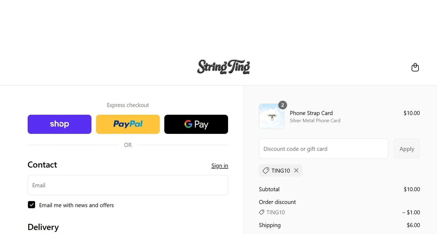String Ting promo code screenshot showing code ting10 applied at String Ting checkout page. Uploaded by SimplyCodes community member criah256752 on Sep 16, 2025