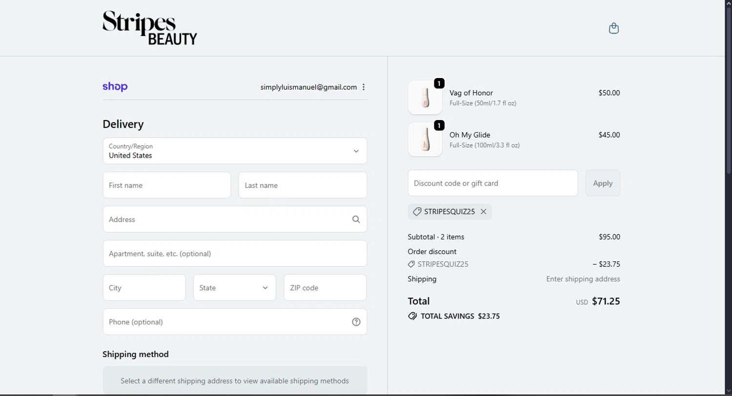 Stripes discount code screenshot showing code STRIPESQUIZ25 applied at Stripes checkout page. Uploaded by SimplyCodes community member MoneyScout2554 on Oct 12, 2025