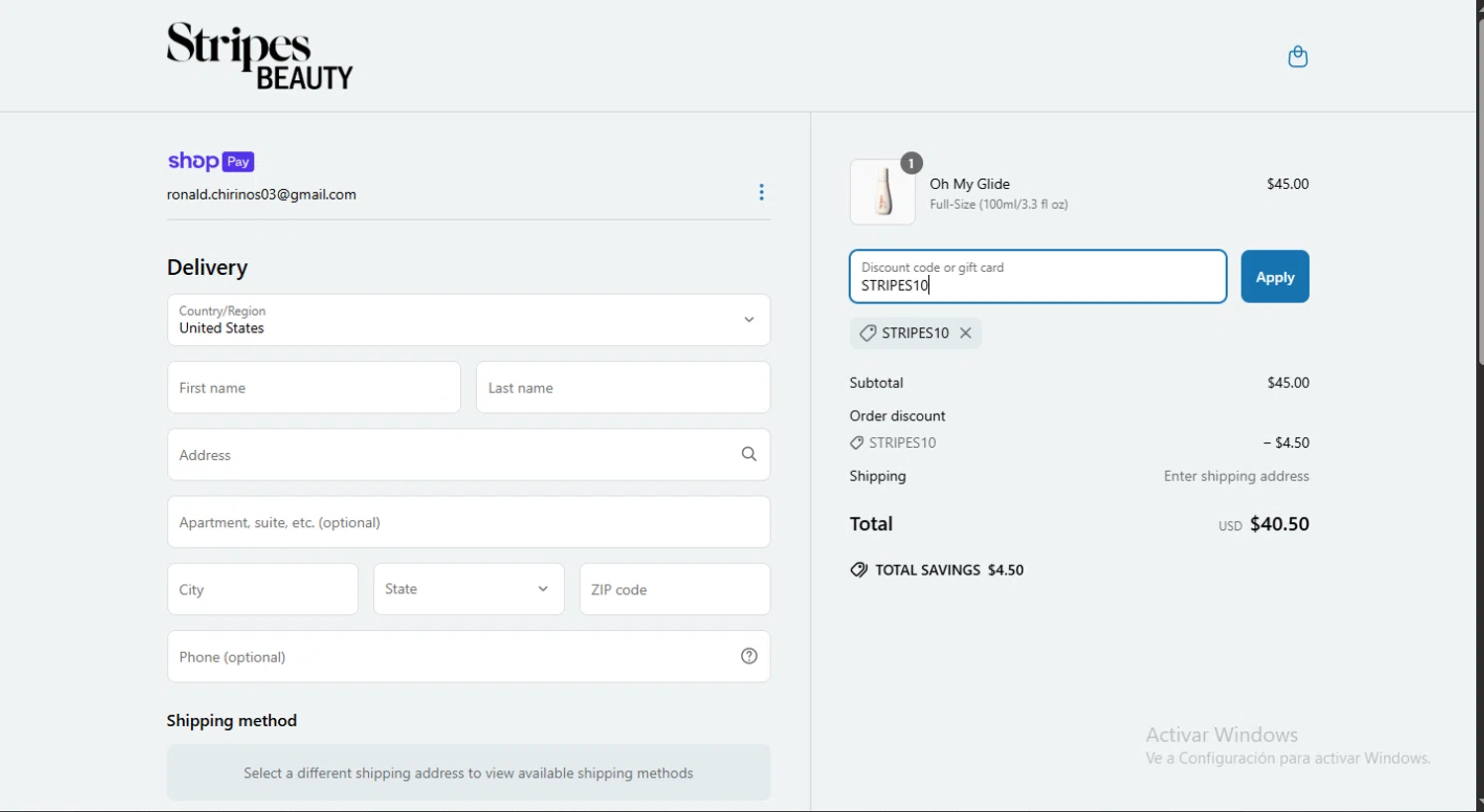 Stripes discount code screenshot showing code STRIPES10 applied at Stripes checkout page. Uploaded by SimplyCodes community member alpha007 on Apr 17, 2025