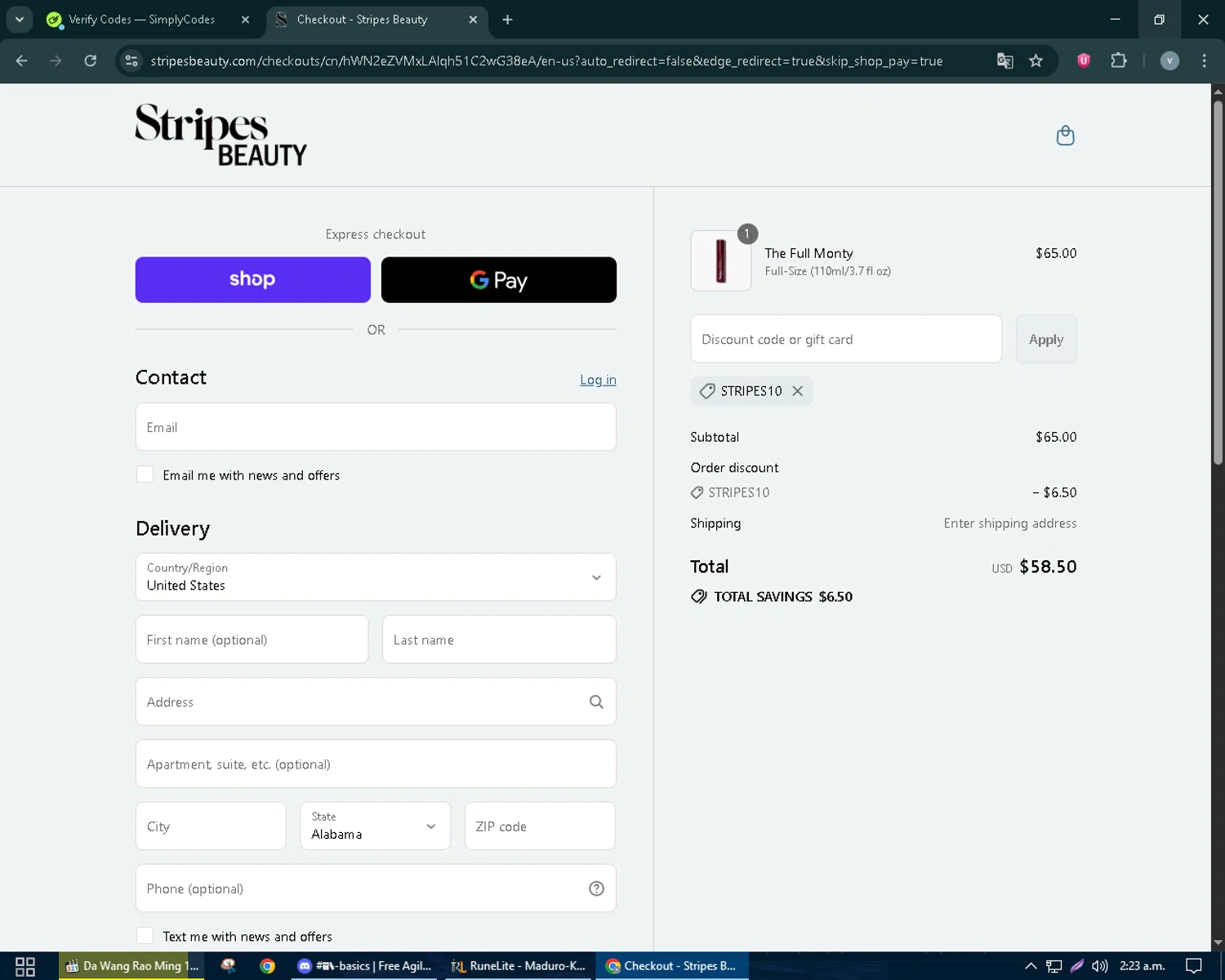Stripes discount code screenshot showing code STRIPES10 applied at Stripes checkout page. Uploaded by SimplyCodes community member charmander589 on Sep 6, 2025