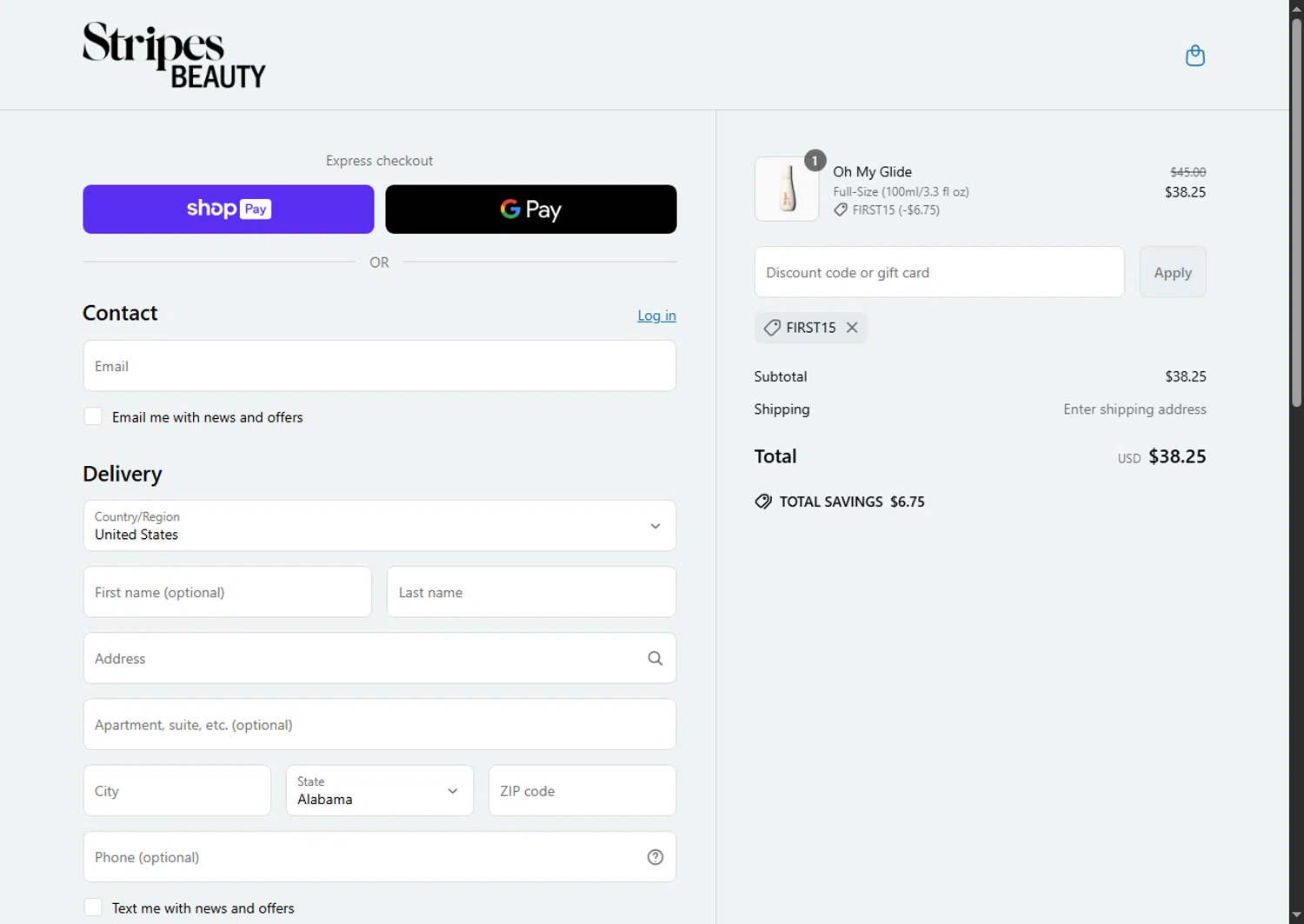Stripes discount code screenshot showing code First15 applied at Stripes checkout page. Uploaded by SimplyCodes community member Alejandra10 on Apr 30, 2025