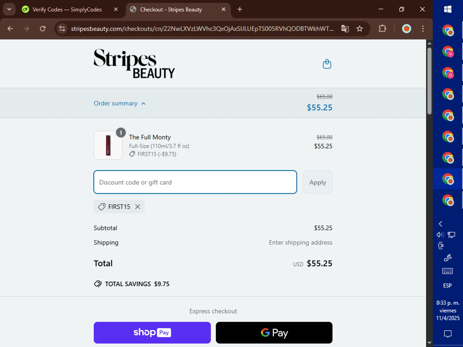 Stripes discount code screenshot showing code First15 applied at Stripes checkout page. Uploaded by SimplyCodes community member DealElite4728 on Apr 12, 2025