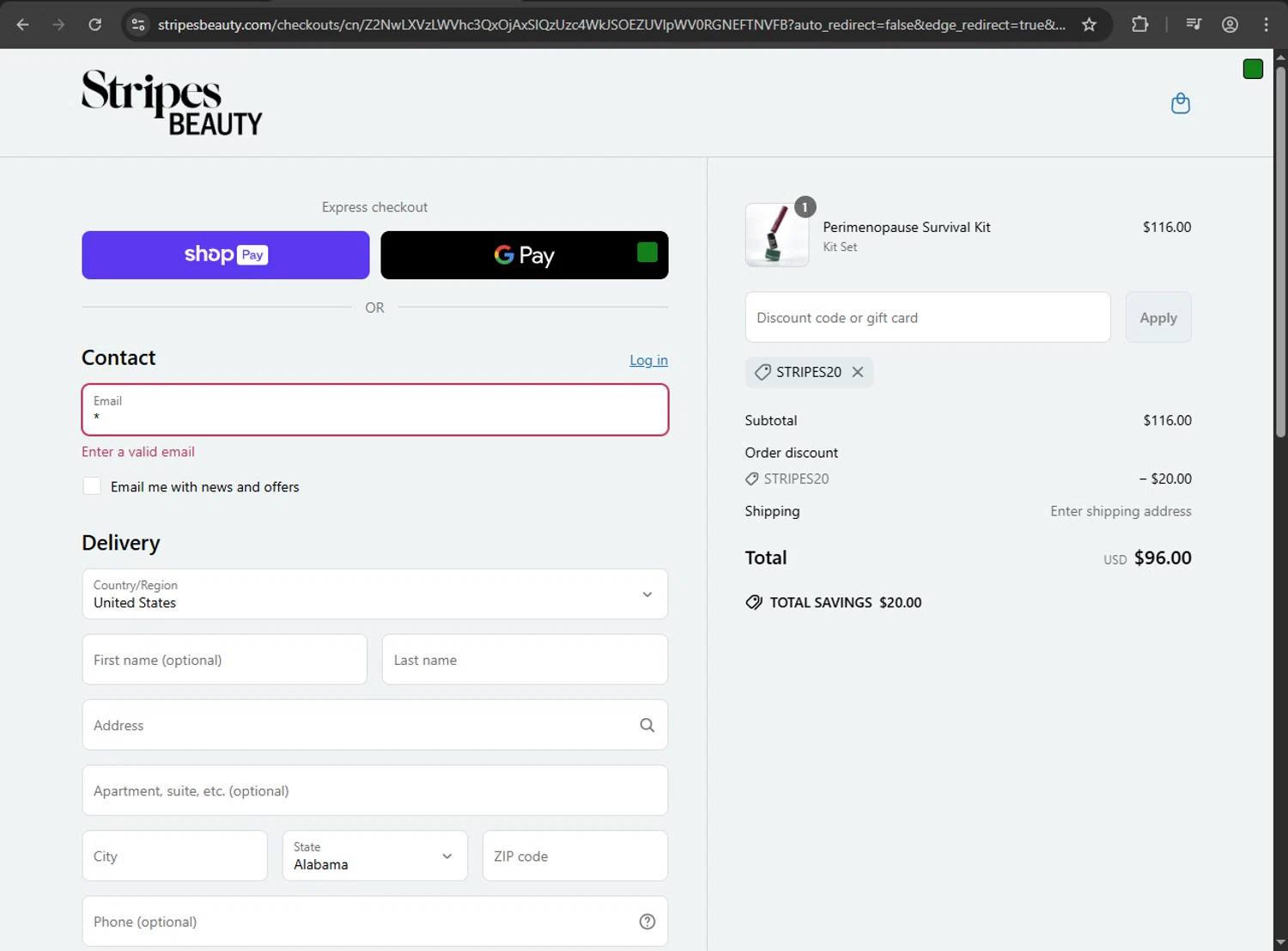 Stripes discount code screenshot showing code STRIPES20 applied at Stripes checkout page. Uploaded by SimplyCodes community member MAHORAGA on Apr 30, 2025