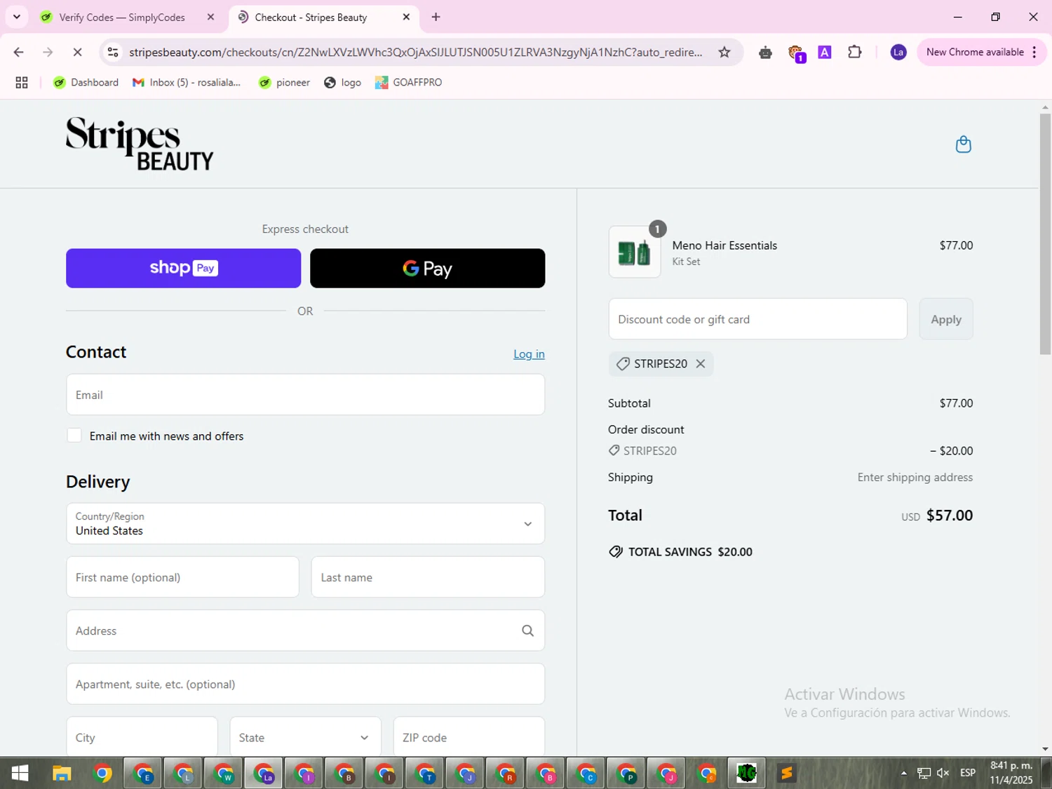 Stripes discount code screenshot showing code STRIPES20 applied at Stripes checkout page. Uploaded by SimplyCodes community member VictoriousSentinel1514 on Apr 12, 2025