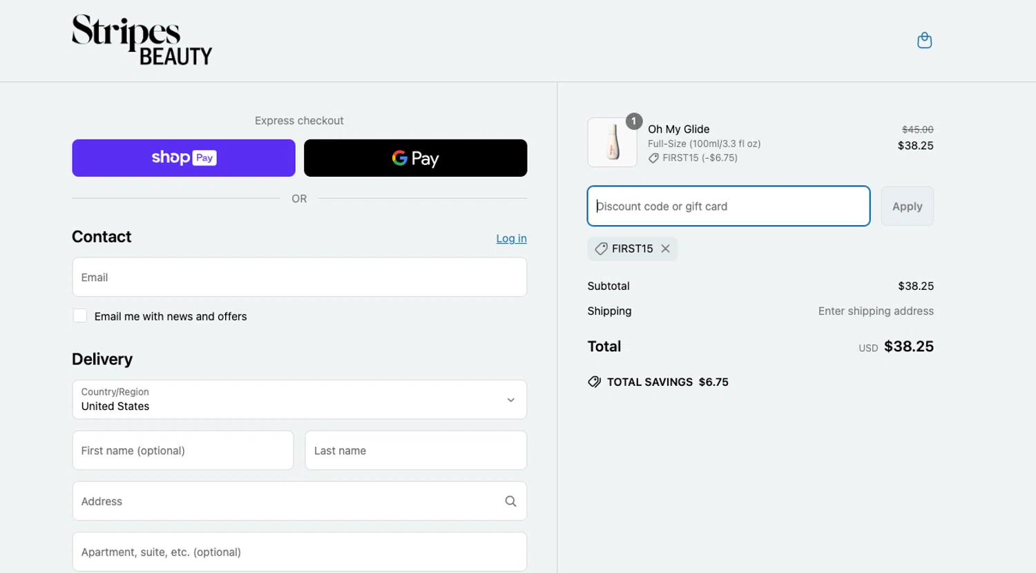 Stripes discount code screenshot showing code First15 applied at Stripes checkout page. Uploaded by SimplyCodes community member ELOIN777 on Apr 12, 2025