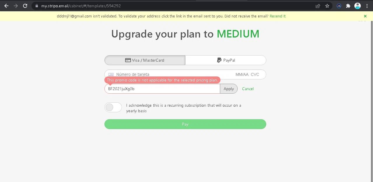Stripo checkout page showing Stripo promo code box | Screenshot taken by SimplyCodes community member on Mar 7, 2022