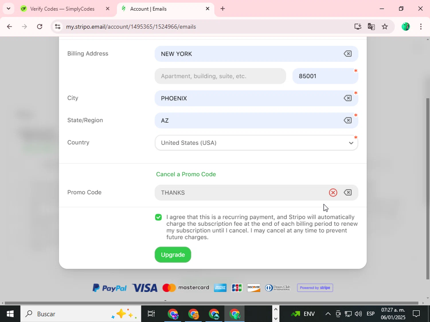 Stripo checkout page showing Stripo promo code box | Screenshot taken by SimplyCodes community member on Jan 6, 2025