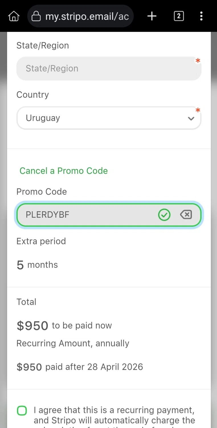 Stripo checkout page showing Stripo promo code box | Screenshot taken by SimplyCodes community member on Nov 29, 2024