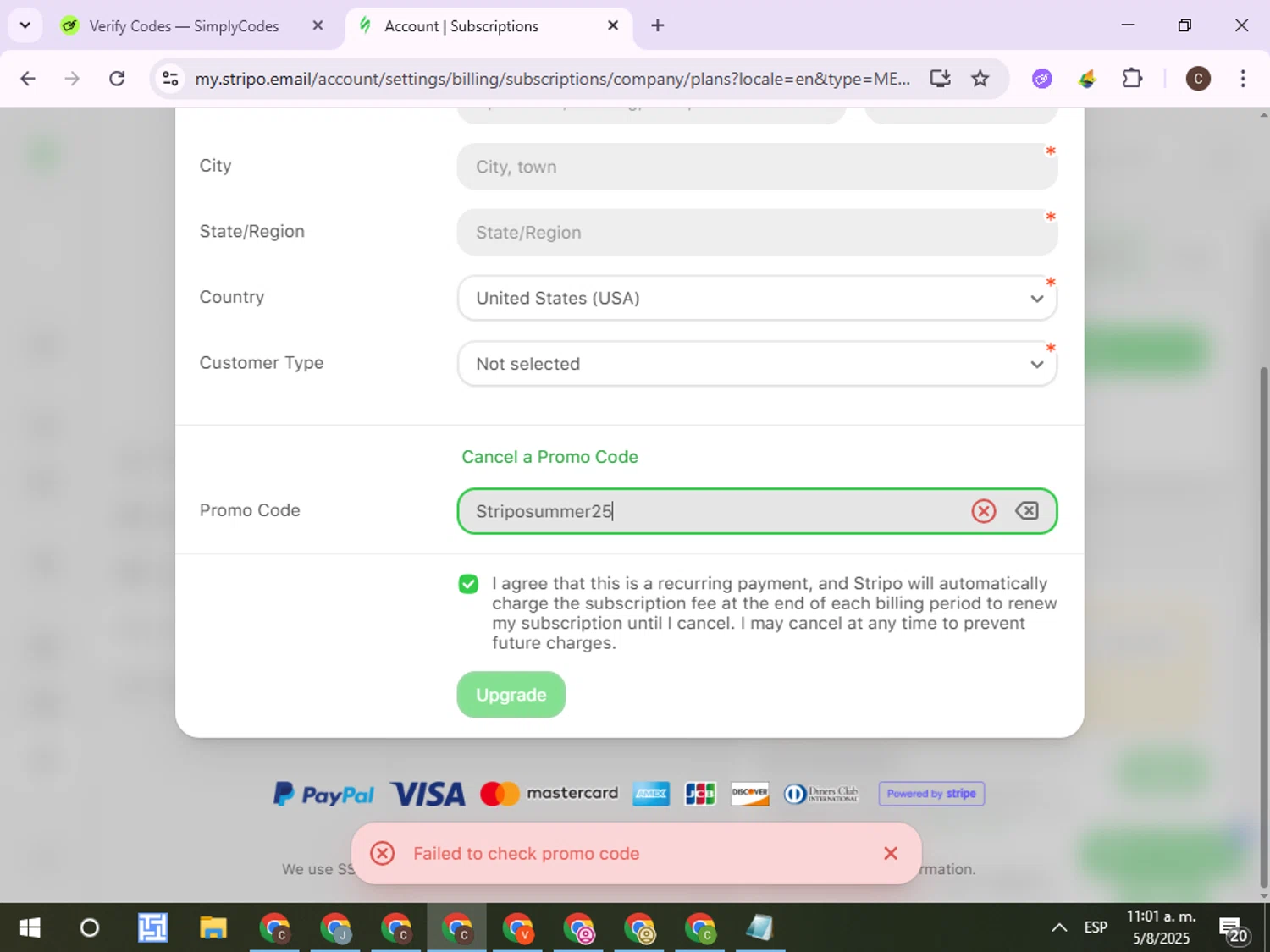 Stripo promo code screenshot showing code Striposummer25 applied at Stripo checkout page. Uploaded by SimplyCodes community member ExtraordinaryPro8536 on Aug 5, 2025