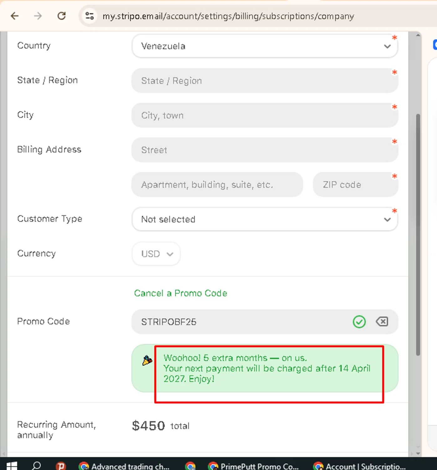 Stripo promo code screenshot showing code STRIPOBF25 applied at Stripo checkout page. Uploaded by SimplyCodes community member AMANDA2681 on Nov 15, 2025