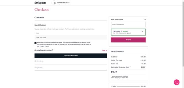 StriVectin checkout page showing StriVectin promo code box | Screenshot taken by SimplyCodes community member on Jul 17, 2025