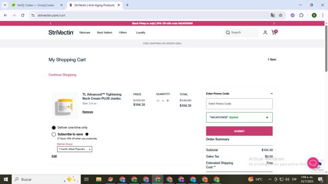 StriVectin checkout page showing StriVectin promo code box | Screenshot taken by SimplyCodes community member on Jul 23, 2025