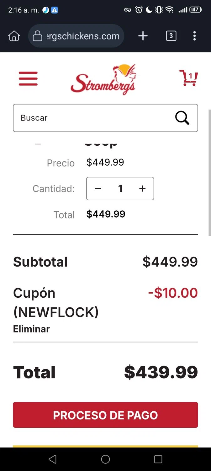 Strombergs coupon code screenshot showing code NEWFLOCK applied at Strombergs checkout page. Uploaded by SimplyCodes community member Georg3 on Mar 28, 2025