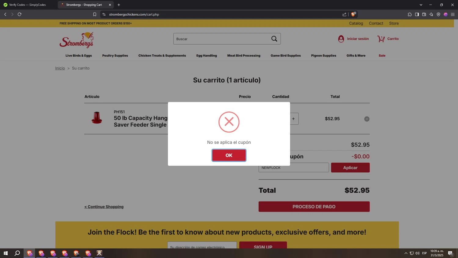 Strombergs coupon code screenshot showing code NEWFLOCK applied at Strombergs checkout page. Uploaded by SimplyCodes community member Negriao on Mar 31, 2025