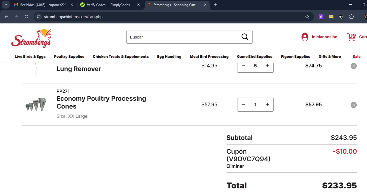 Strombergs coupon code screenshot showing code V9OVC7Q94 applied at Strombergs checkout page. Uploaded by SimplyCodes community member Eduard on Oct 24, 2025