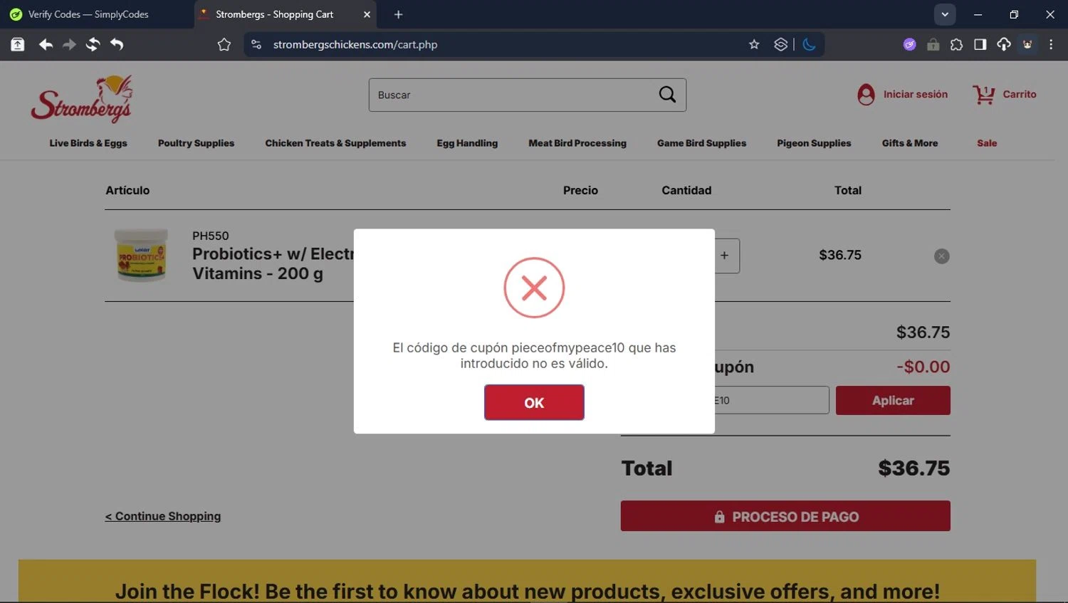 Strombergs coupon code screenshot showing code PIECEOFMYPEACE10 applied at Strombergs checkout page. Uploaded by SimplyCodes community member BrilliantTitan6909 on Aug 13, 2025