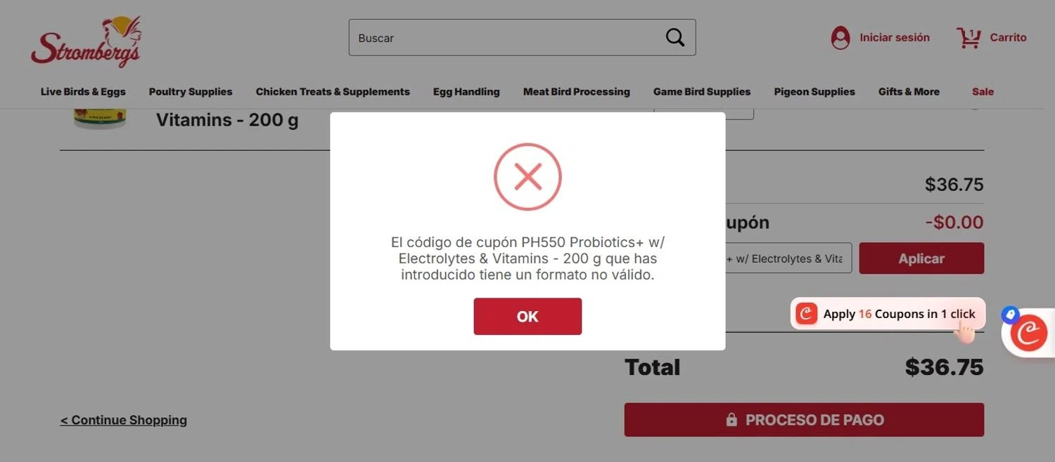 Strombergs coupon code screenshot showing code PIECEOFMYPEACE10 applied at Strombergs checkout page. Uploaded by SimplyCodes community member ScanSpotter5552 on Aug 13, 2025