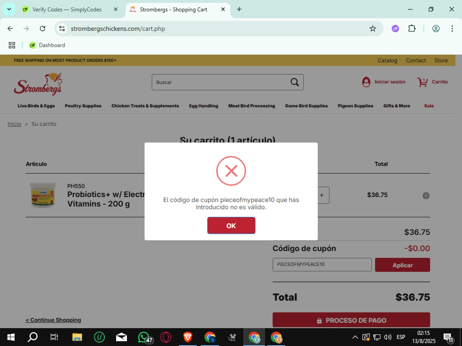 Strombergs coupon code screenshot showing code PIECEOFMYPEACE10 applied at Strombergs checkout page. Uploaded by SimplyCodes community member rauzzzz on Aug 13, 2025