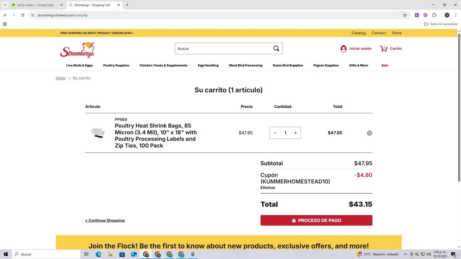 Strombergs coupon code screenshot showing code KUMMERHOMESTEAD10 applied at Strombergs checkout page. Uploaded by SimplyCodes community member RoyalLegend4835 on Oct 10, 2025