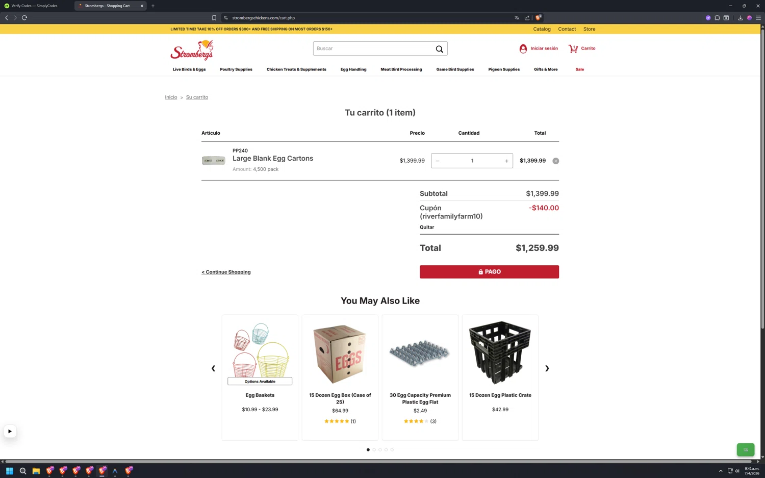 Strombergs promo code screenshot showing code riverfamilyfarm10 applied at Strombergs checkout page. Uploaded by SimplyCodes community member PERREONENE on Apr 7, 2026