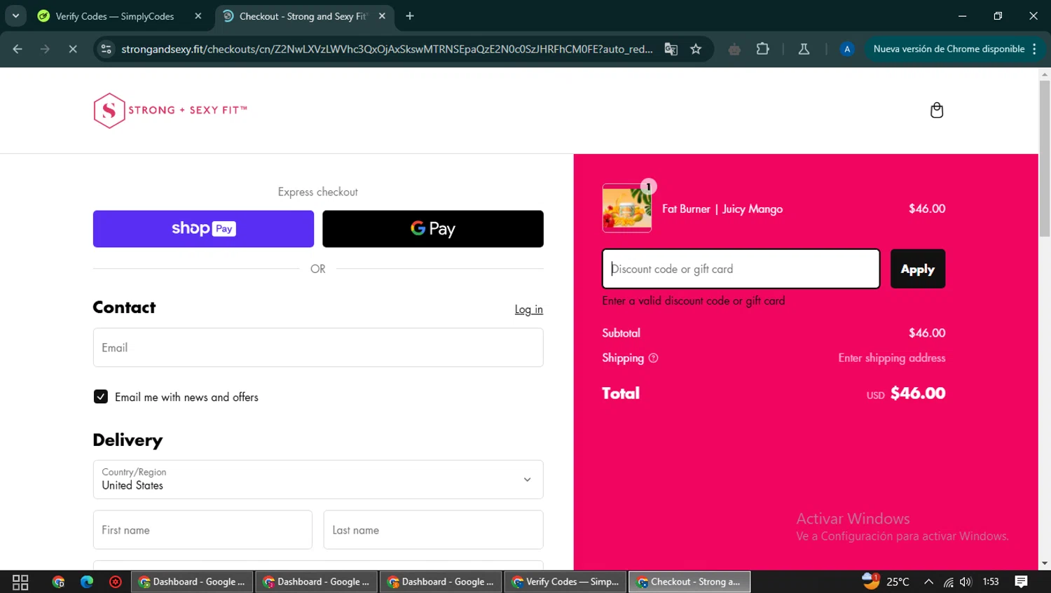 Strong + Sexy Fit discount code screenshot showing code BAILEY15 applied at Strong + Sexy Fit checkout page. Uploaded by SimplyCodes community member NobleCaptain2872 on Feb 1, 2025