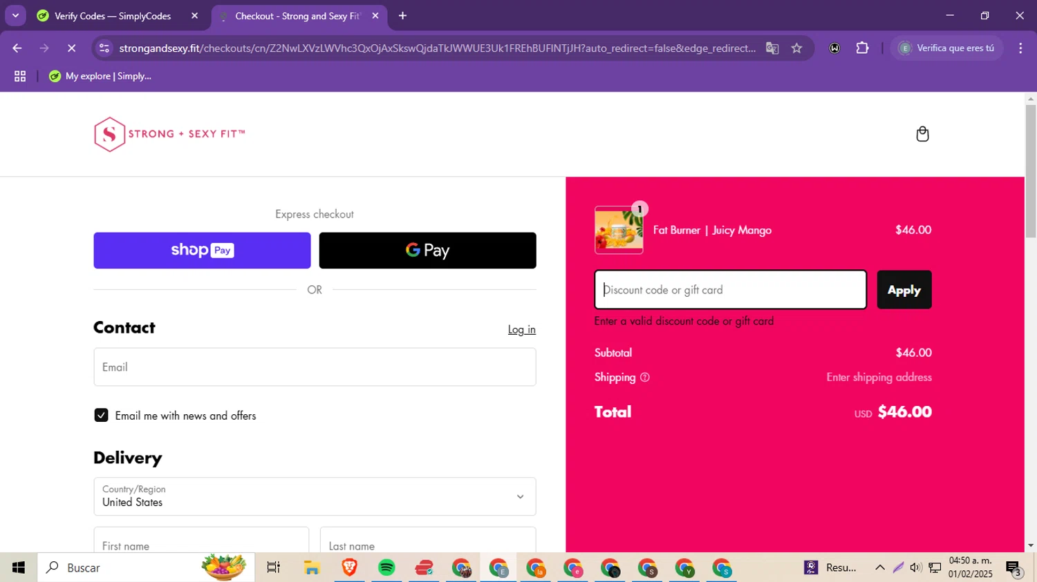 Strong + Sexy Fit discount code screenshot showing code JESSA15 applied at Strong + Sexy Fit checkout page. Uploaded by SimplyCodes community member MoneySeeker8573 on Feb 1, 2025