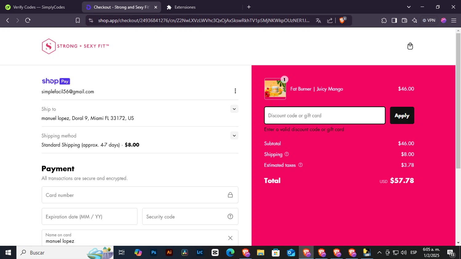Strong + Sexy Fit discount code screenshot showing code JESSA15 applied at Strong + Sexy Fit checkout page. Uploaded by SimplyCodes community member SilverSentinel7889 on Feb 1, 2025