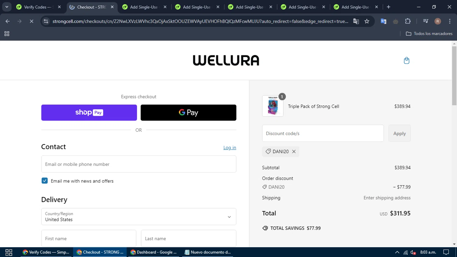 STRONG CELL discount code screenshot showing code DANI20 applied at STRONG CELL checkout page. Uploaded by SimplyCodes community member denmaryguillermo on Feb 9, 2025