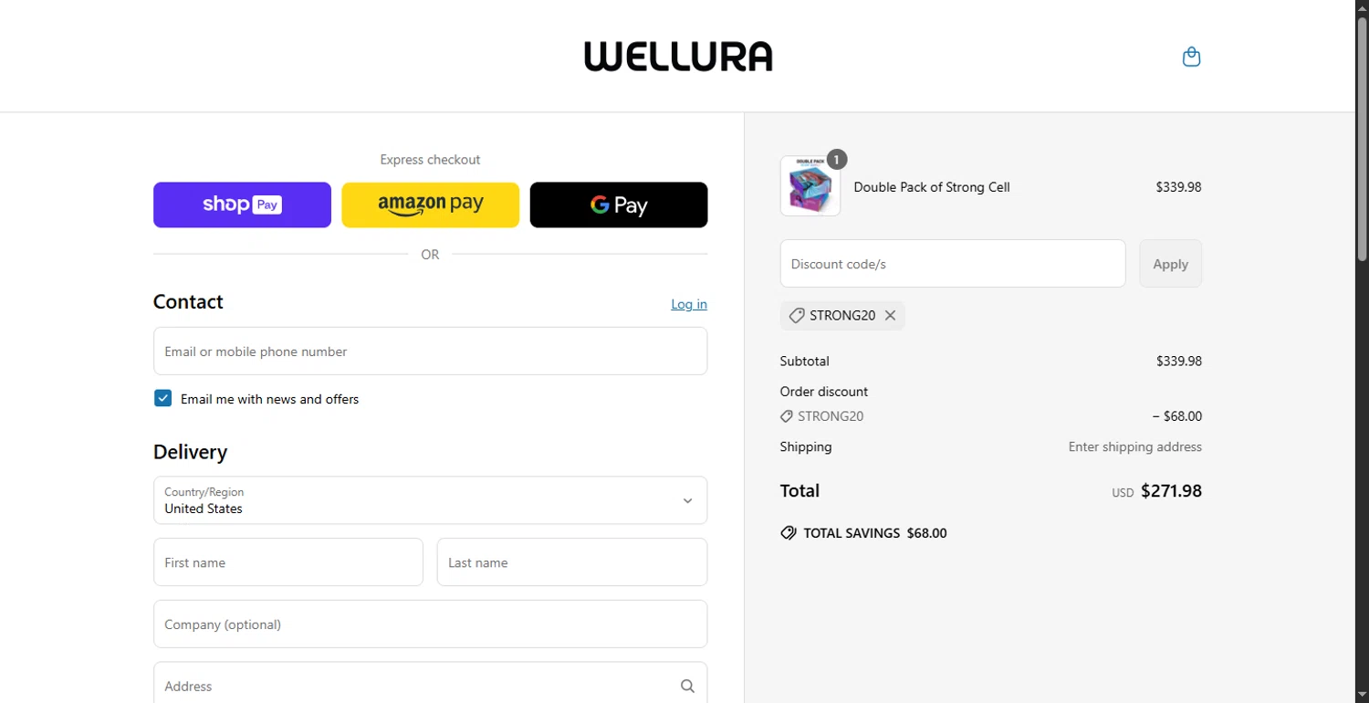 STRONG CELL discount code screenshot showing code STRONG20 applied at STRONG CELL checkout page. Uploaded by SimplyCodes community member PennyOwl696 on May 15, 2025