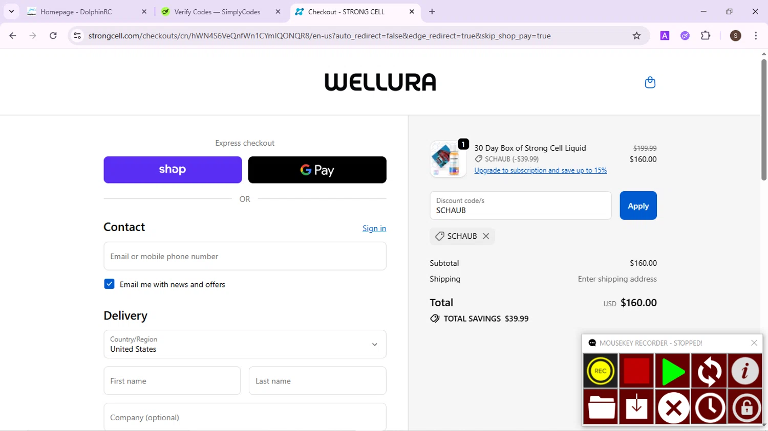 STRONG CELL discount code screenshot showing code SCHAUB applied at STRONG CELL checkout page. Uploaded by SimplyCodes community member QuestPhoenix2794 on Oct 23, 2025