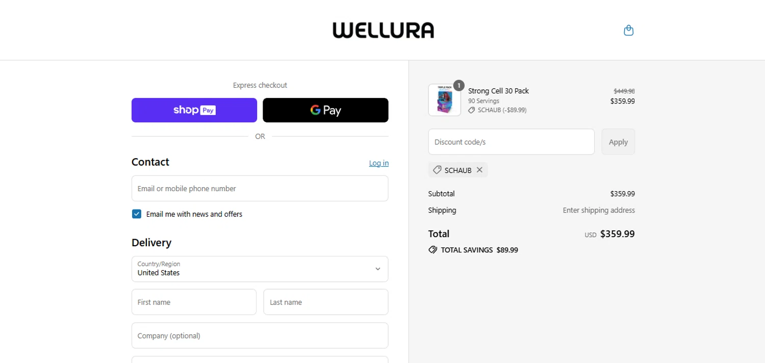 STRONG CELL discount code screenshot showing code SCHAUB applied at STRONG CELL checkout page. Uploaded by SimplyCodes community member juanisaac on Jul 5, 2025