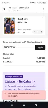 SHORTS20 coupon verification screenshot