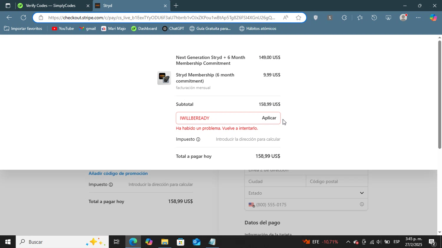 Stryd promo code screenshot showing code IWILLBEREADY applied at Stryd checkout page. Uploaded by SimplyCodes community member ShieldGenius127 on Feb 27, 2025