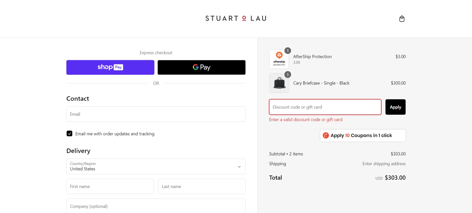 Stuart & Lau checkout page showing Stuart & Lau promo code box | Screenshot taken by SimplyCodes community member on Dec 27, 2024